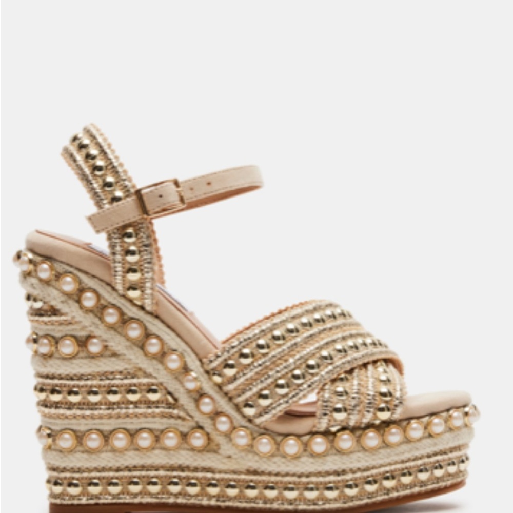 Steve Madden Pearl & Stud Embellished Wedge Sandal - Cream/Gold - Picture 1 of 4